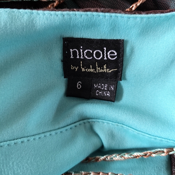 Nicole by Nicole Miller Y2K Brown  Turquoise Handkerchief Hem Beaded Dress 6 - Picture 5 of 8